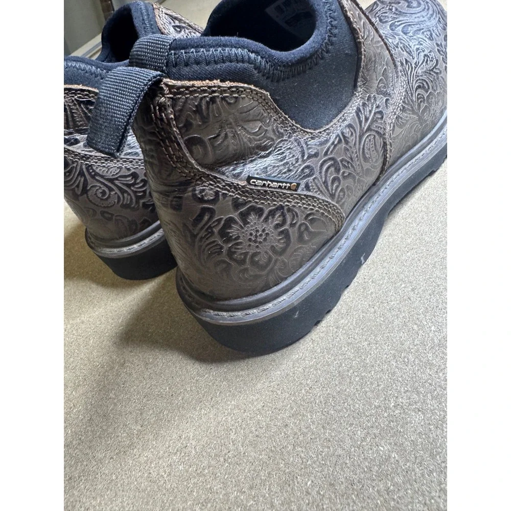 Carhartt Womens CWS4177 Brown Floral Embossed Leather Slip On Work Shoes Size 8